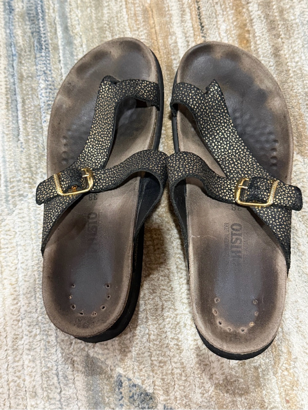 Mephisto Black Sandals with Gold Buckles